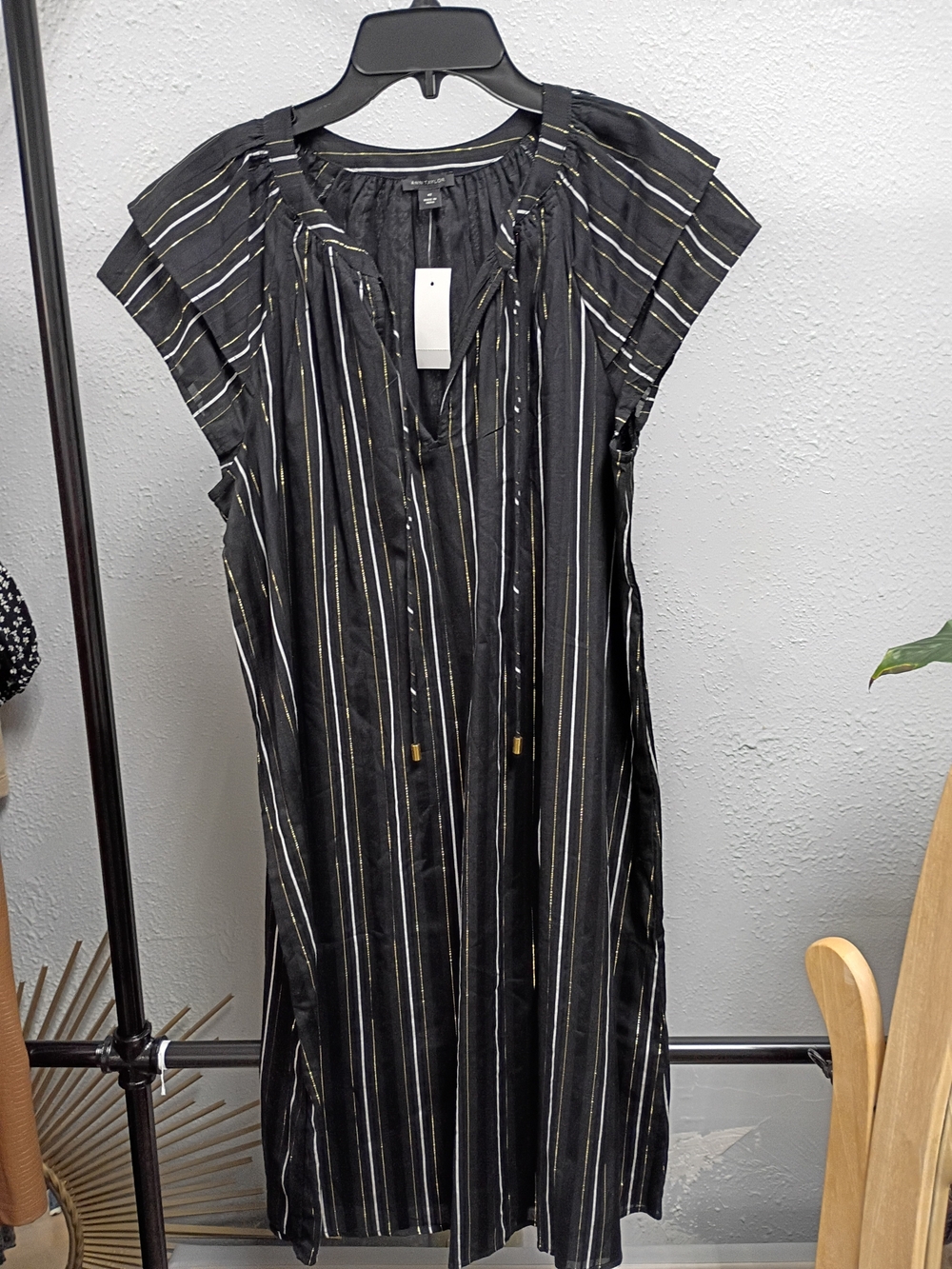 Ann Taylor Black Stripe Midi Dress with Gold Accents